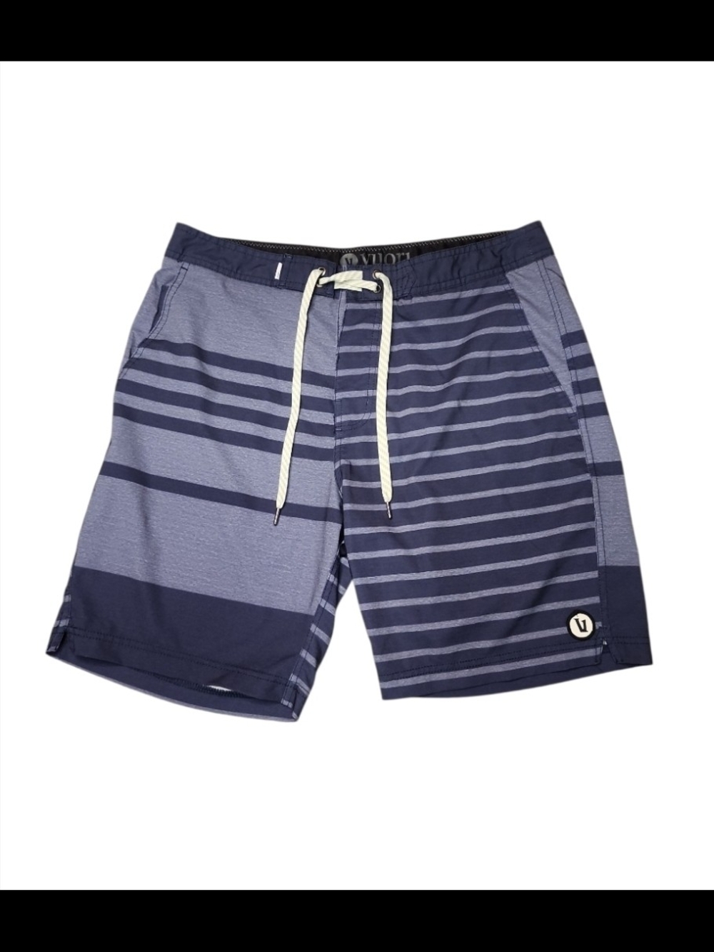 Vuori Men's Navy and Light Blue Striped Board Shorts